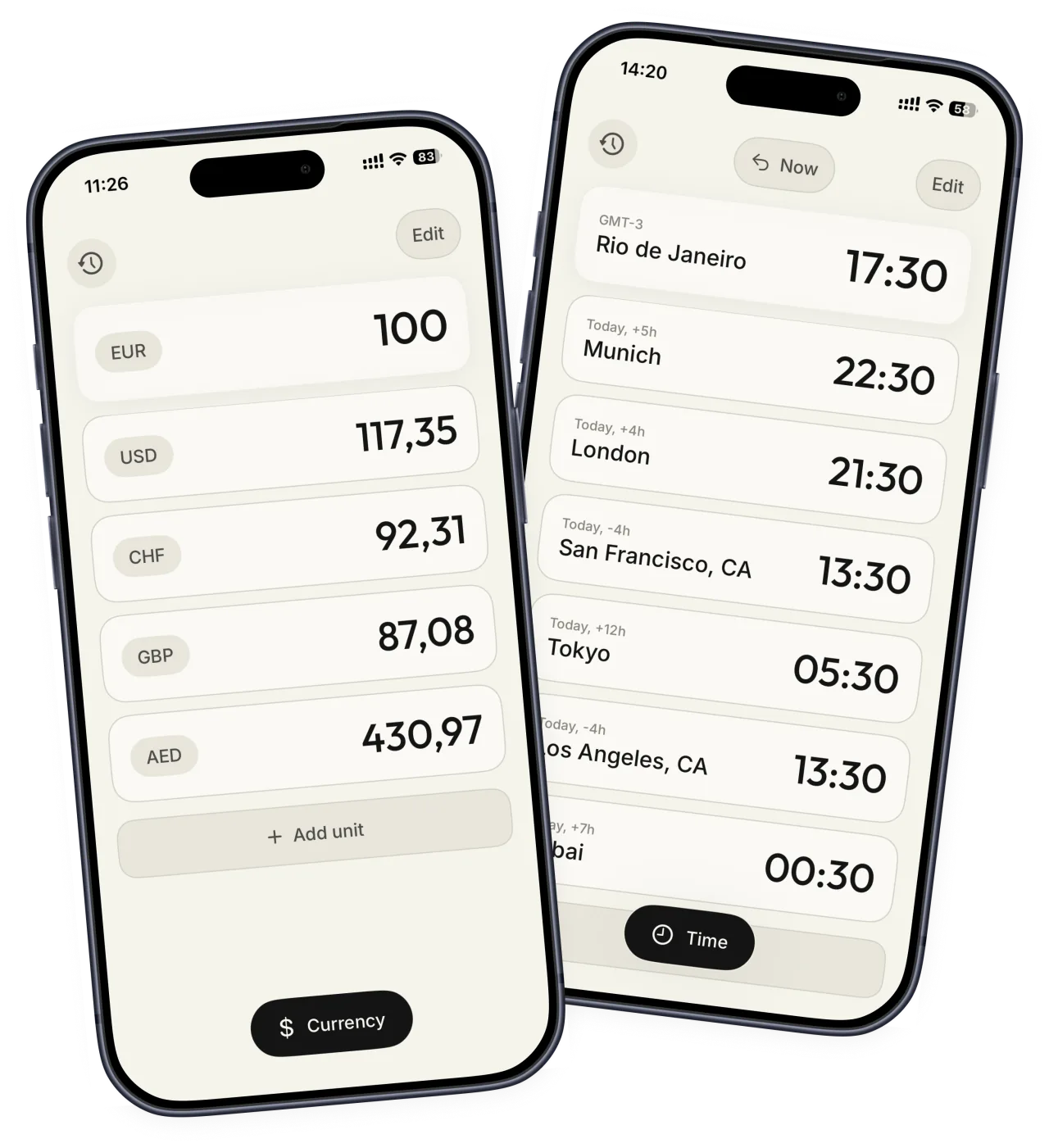 JustConvert showing the currency converter and world time screens